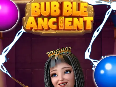 A princesa Akila junto ao logótipo de Bubble Ancient com bolhas coloridas