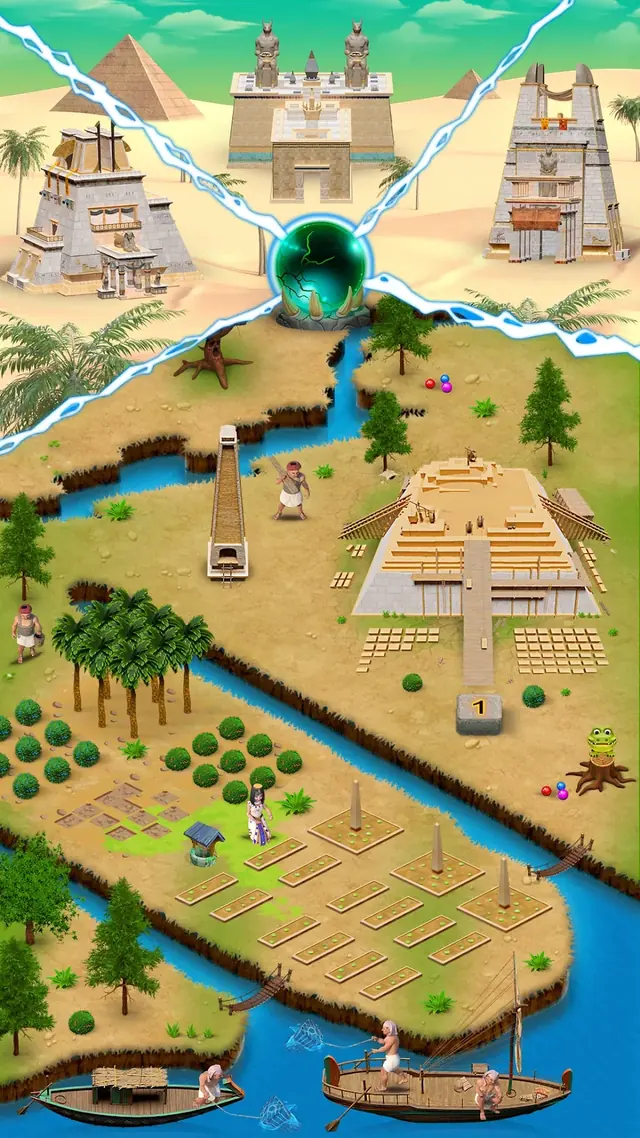 Mapa ilustrado de Bubble Ancient com templos, pirâmides e barcos ao longo do Nilo
