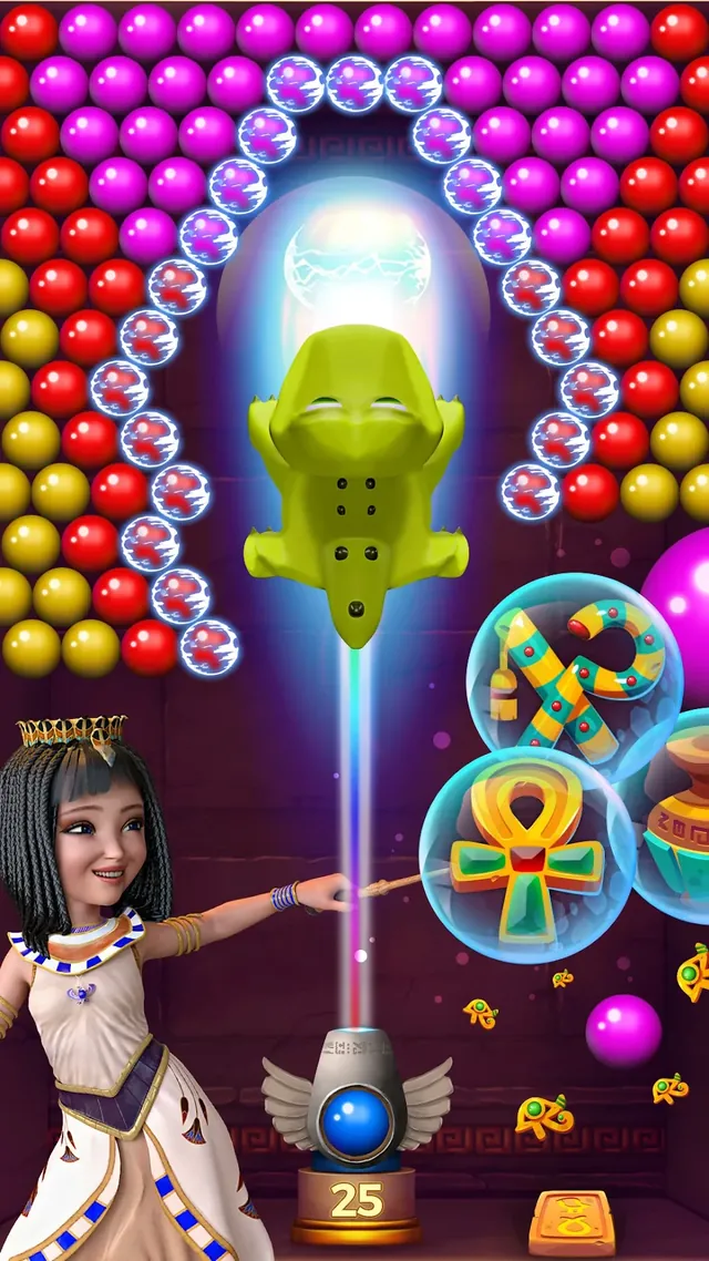Bolhas coloridas com o anch dentro em Bubble Ancient, com a princesa Akila em baixo