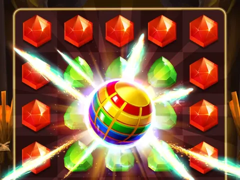 Gemas vermelhas e verdes à volta de uma esfera listada em Cleopatra's Jewels