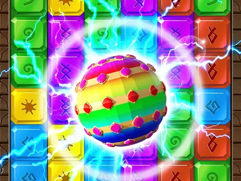 Blocos coloridos com símbolos gravados e uma grande esfera multicolor em Gems Blast: Ancient Temple
