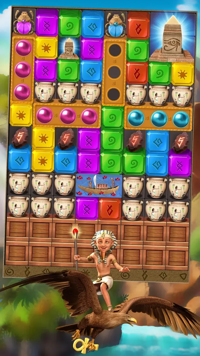 Nível de Gems Blast: Ancient Temple com jarros de barro, trilhos de esferas e um obelisco