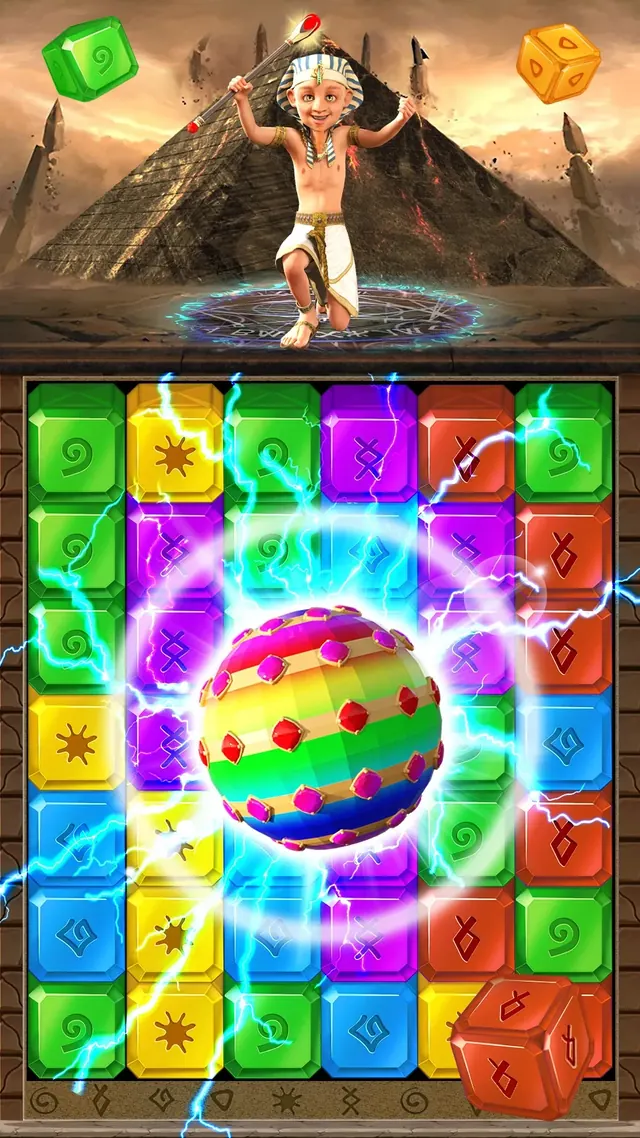 Tabuleiro de blocos gravados atravessado por raios de luz em Gems Blast: Ancient Temple