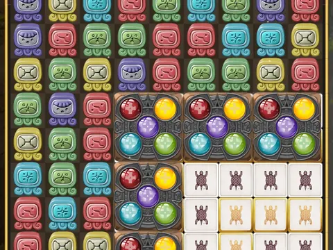 Blocos com glifos maias em tons pastel e molduras de esferas em Glyph of Maya