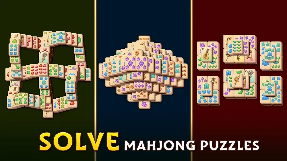 Três disposições de peças em Pyramid of Mahjong: anel, pirâmide e grupos soltos