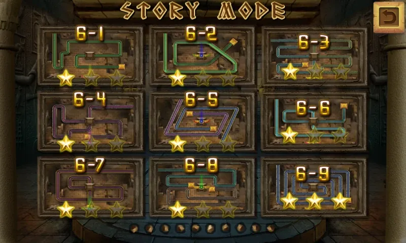 Ecrã do modo história de Temple of Anubis com placas de pedra e estrelas